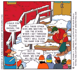Cartoon showing a caretaker is shovelling the snow off the steps and children waiting at the bottom to get in, including one person in a wheelchair.