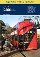 Front cover of CAR Legal Update showing CAE logo and image of a London bus and a pedestrian pushing a pushchair