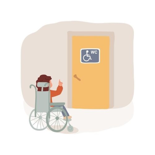 Graphic of a wheelchair user pointing as an accessible bathroom.